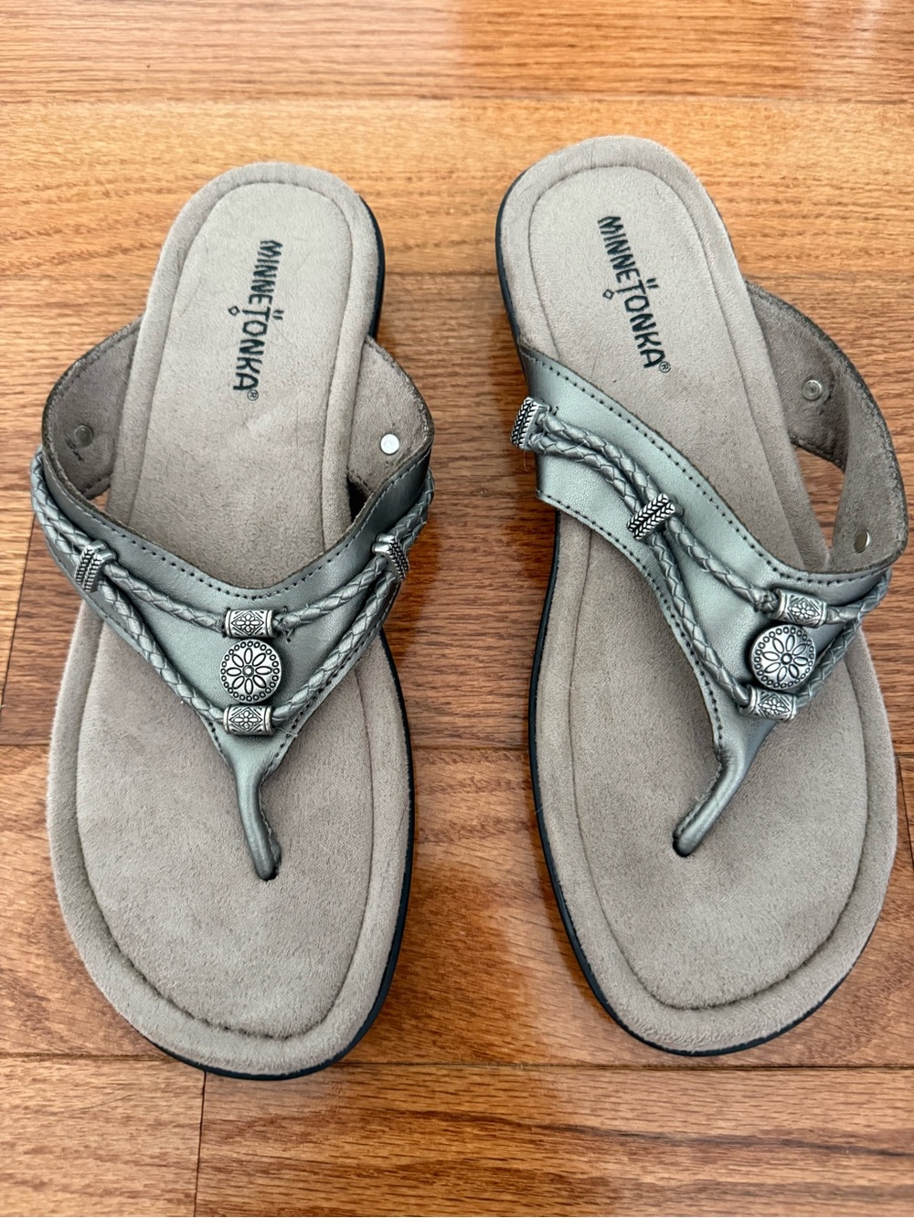 Minnetonka Silver Braided Thong Sandals with Concho Accents